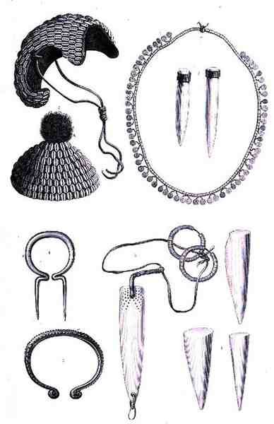 Stone lip-plugs, necklaces, Jar tribe armlet, Shuli headdress, from The History of Mankind, Vol.1, by Prof. Friedrich Ratzel, 1896 by English School